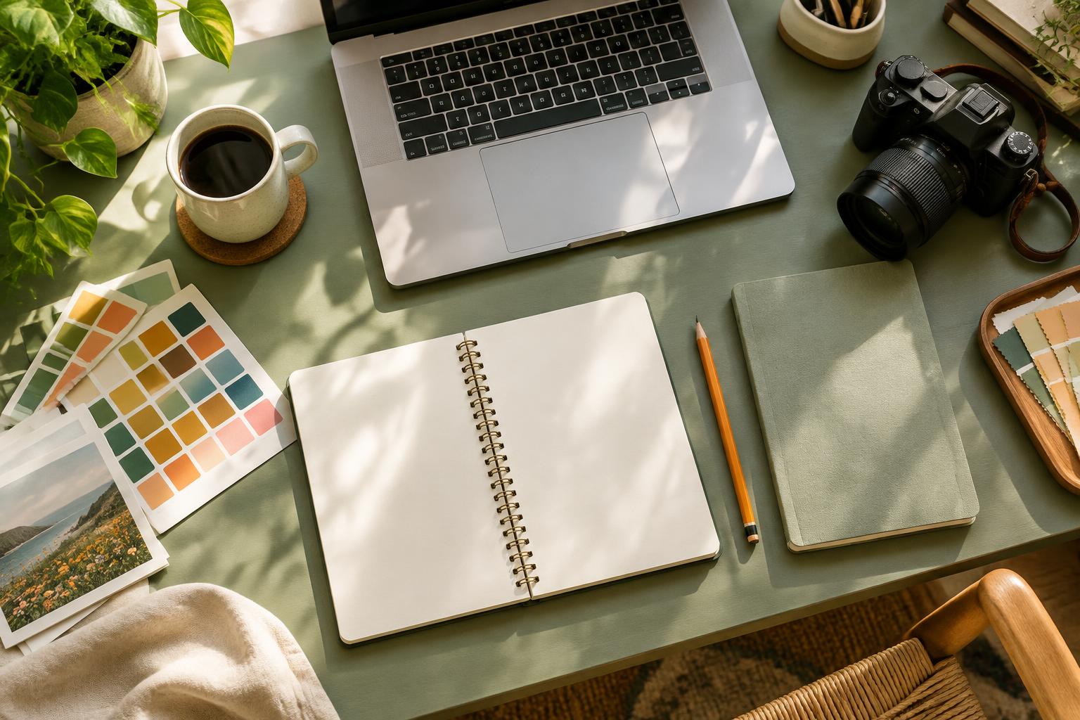 Creator workspace with a laptop, notebook and camera